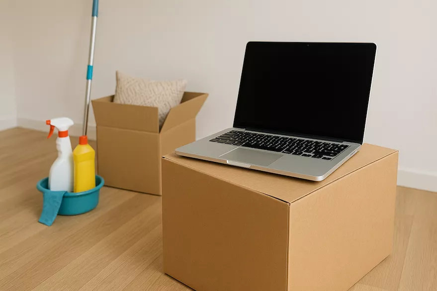 “Laptop på flyttlåda med lätt packning och städutrustning bredvid – symboliserar flytt och städning för digitala nomader med fokus på flexibilitet, enkelhet och ordning i tillfälliga hem”